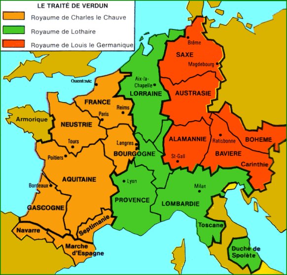 La division de l'empire de Charlemagne en 843