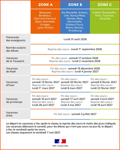 Calendrier Scolaire 2026-2027