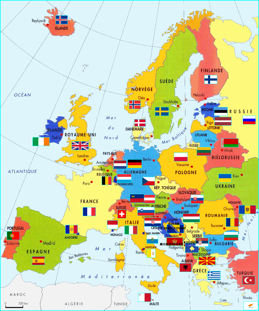 Europe - Carte des pays et drapeaux