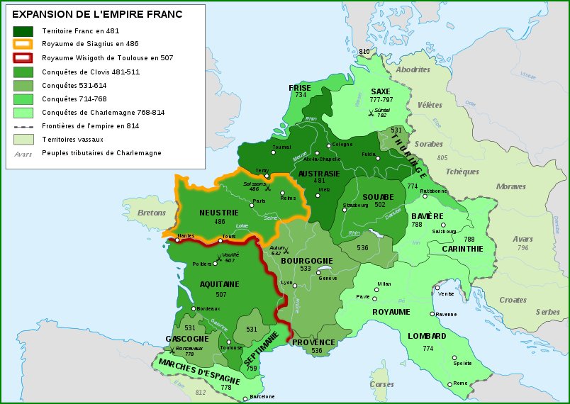 Évolution du royaume franc de 481 jusqu'à l'Empire franc en 814