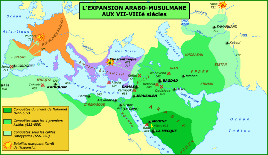 Carte de l'expansion de l'Islam au 7ème et 8ème siècles