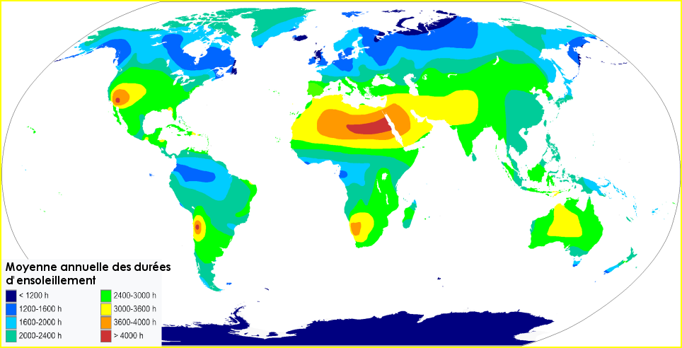 Carte de l'ensoleillement moyen sur la Terre